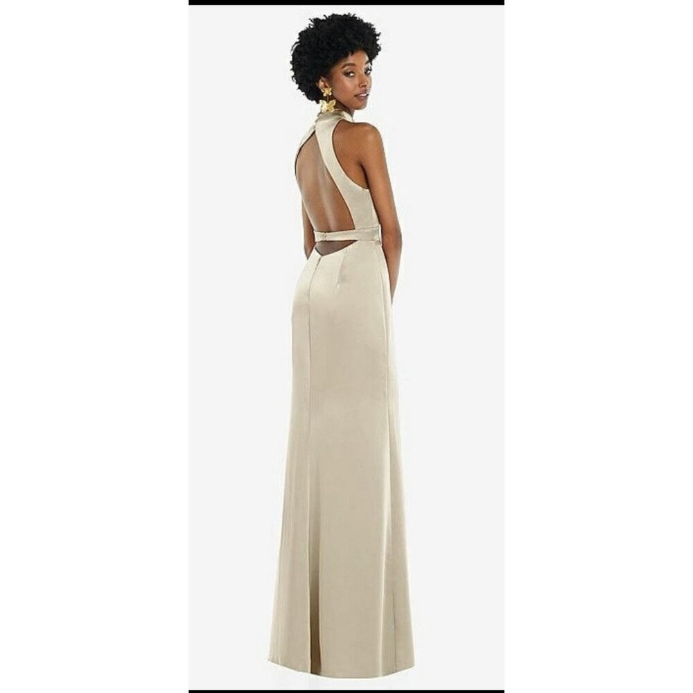 Lovely NEW HIGH NECK BACKLESS MAXI DRESS WITH SLIM BELT IN CHAMPAGNE Size 8 R